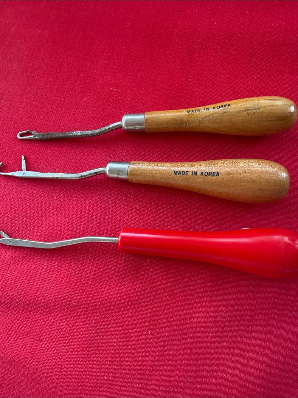 Vintage 'Made in Korea' Latch Hook Rug Tools Set - Red and Wood Handles